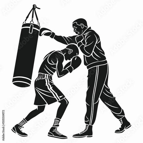 Black Silhouette Of Boxer Leaning On Trainer