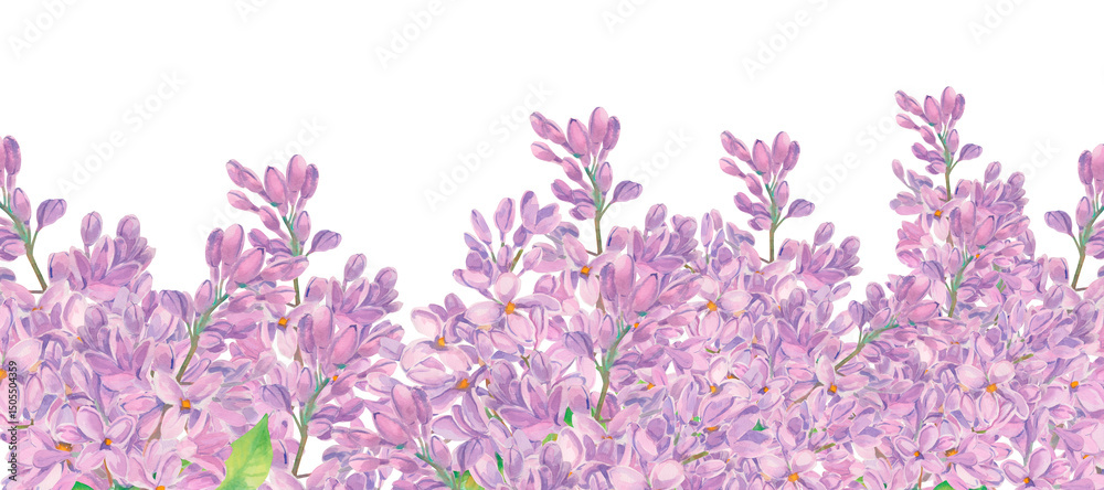 Obraz premium Lilac watercolor flowers sprigs. Template with copy space. Spring syringa frame, border isolated on white. Purple blossom of summertime. Botanical floral background. Clipart for design.