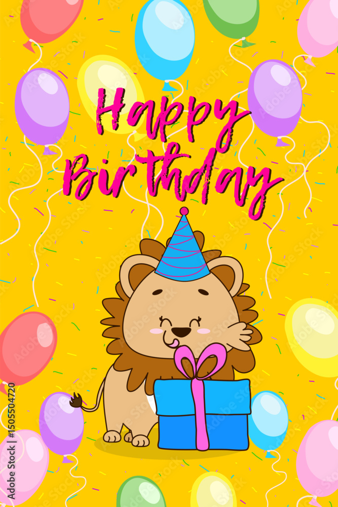 Fototapeta premium Cute Birthday Lion with gift and balloons.