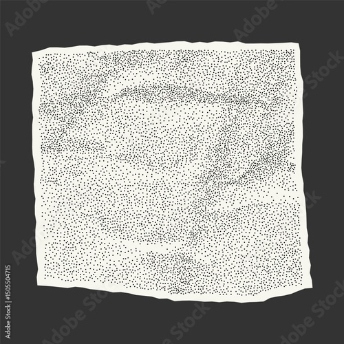 Crumpled uneven rectangle of torn paper. Element with notebook texture, jagged edges and dotted gritty halftone style.