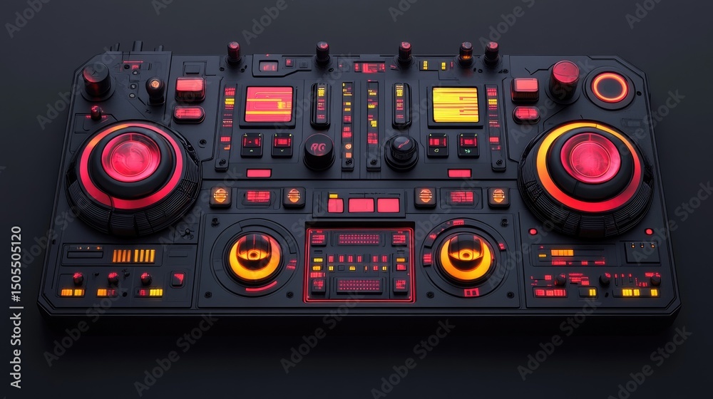 Fototapeta premium Futuristic DJ controller with red and orange illuminated buttons and knobs