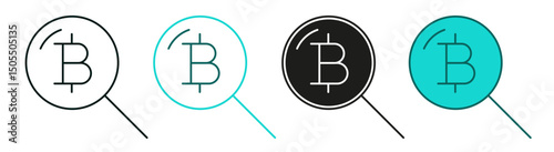 Bitcoin and magnifying glass line icon set. Cryptocurrency, blockchain, search or analysis concept. Bitcoin and magnifier logo for web, ui or mobile app. Color or black symbol. Editable vector stroke.