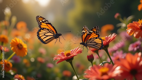 Two orange Monarch butterflies in the garden during summer.  Warm colored garden scene with flowers and butterflies. Butterflies on orange and pink flowers.