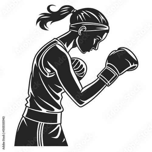 Black Silhouette Of Female Boxer Adjusting Gloves