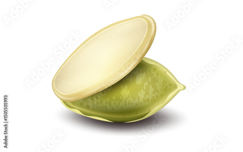 Peeled pumpkin seeds on white background. In section or in the process of peeling. Realistic vector, close-up. Use for web design food, gardening, business