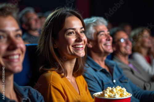 Young woman with popcorn wathing movie in the cinema. AI photo