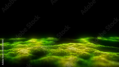 Dynamic green wave of particles and lines. Abstract futuristic background. Big data visualization. 3D rendering.