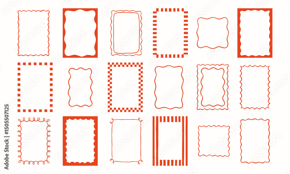 Vintage cute whimsical vector frames set. Decorative elegant retro wavy striped checkered wedding invitation borders