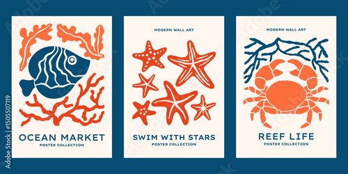 Underwater ocean life vector posters set. Minimalist retro print designs with fish, starfishes, crab, seaweeds, corals illustrations