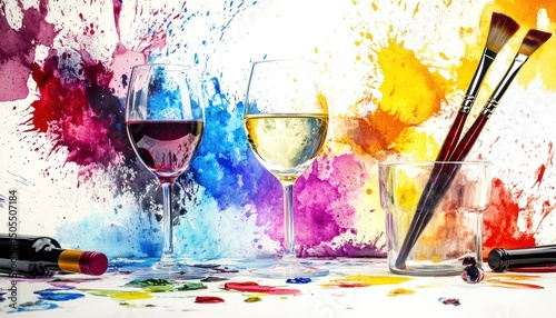 Vibrant art and wine night promotional banner featuring paintbrushes, wine glasses, and colorful artistic splashes.