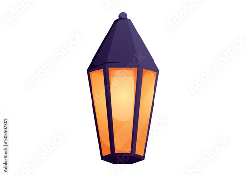 Vintage glowing lantern with warm orange light and dark top. Vector isolated cartoon illustration for fairytale, festive, or fantasy design, game assets, and decorative elements.