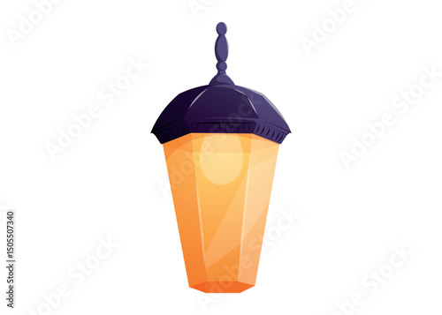 Vintage glowing lantern with warm orange light and dark top. Vector isolated cartoon illustration for fairytale, festive, or fantasy design, game assets, and decorative elements.