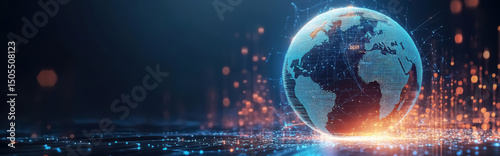Glowing neon globe planet Earth against blue bokeh background. Concept of digital logistics and business, metaverse, crypto technologies, science. 