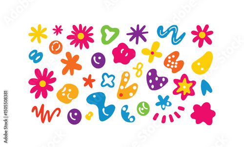 Abstract funny bright squiggle shapes set. Creative positive color doodle elements.