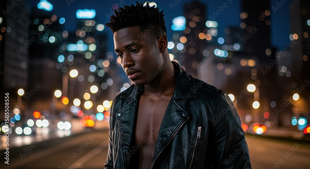 Fototapeta premium Young man in open jacket posing in vibrant night city scene with bokeh lights