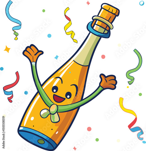 Cute Champagne Bottle with Popped Cork  Celebration Drink Vector new 2025 trendy unique T shirt design