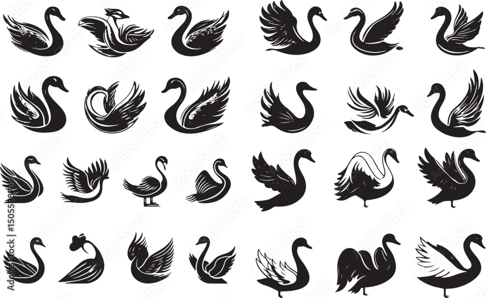 Obraz premium Black Swan Silhouettes Vector Collection, Graceful swan Bird Icons vector Art Design, Swan Clipart bundle