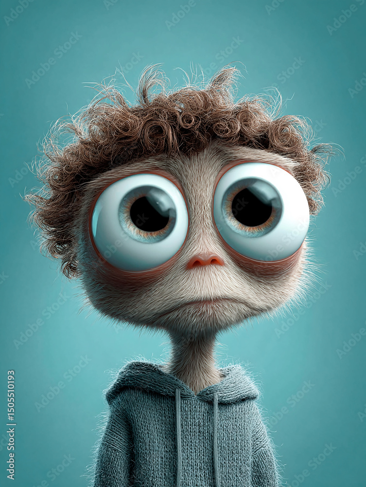Fototapeta premium adorable personaje con ojos gigantes y aspecto humanoide con expresion de tristeza
