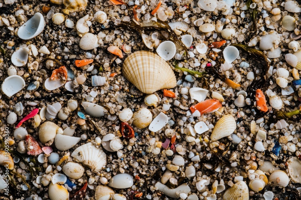 Fototapeta premium Microplastic particles scattered across a beach coastal environment nature photography close-up view environmental concerns and pollution effects
