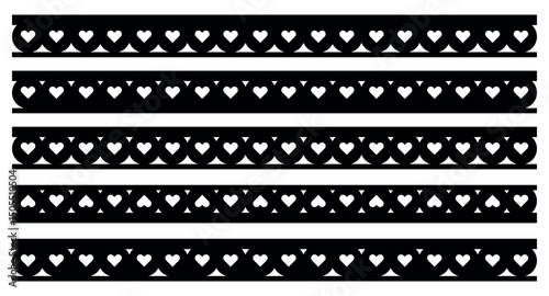 Romantic Heart Cutout Border Set. Seamless Decorative Valentine Trim Designs in Black and White.