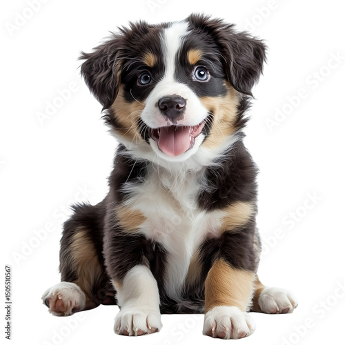 A cute australian shepherd puppy with a happy expression sitting against a black background and looking forward
