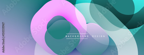Abstract shapes overlap, creating vibrant gradients. Purple, teal, white blend smoothly. Modern design element for backgrounds.