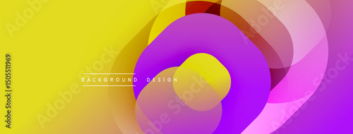 Abstract colorful layers create dynamic background. Yellow, purple, pink hues blend smoothly, forming circular shapes. Modern design element.