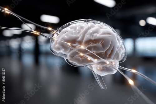 An artistic depiction of a translucent brain surrounded by glowing electrical connections, representing the complexity of human thought and innovation in neuroscience.