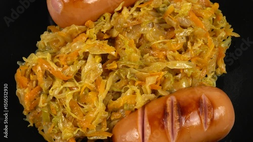 Stewed cabbage and grilled sausage are on a black plate, top view. Home food, lunch, dinner