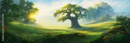 A serene forest scene featuring tall trees and lush green grass under a clear blue sky.
