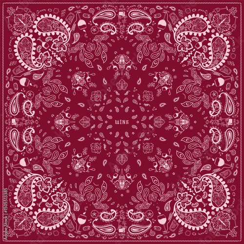 Red bandana Print. Red wines paisley bandana bandanna Scarf Face Head Wrap. pattern wines grapes cheese Grape leaves corkscrew square pattern design