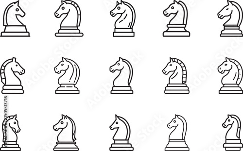 A set of various black and white minimalist chess knight icons with unique styles and designs, suitable for strategic, educational, or creative purposes. An editable stroke