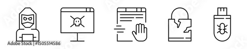 Conjunto de iconos de hacker. Ciberataques, malware. Acceso ilegal, amenaza activa, manipulación de datos, seguridad comprometida, virus portátil. Ilustración vectorial
