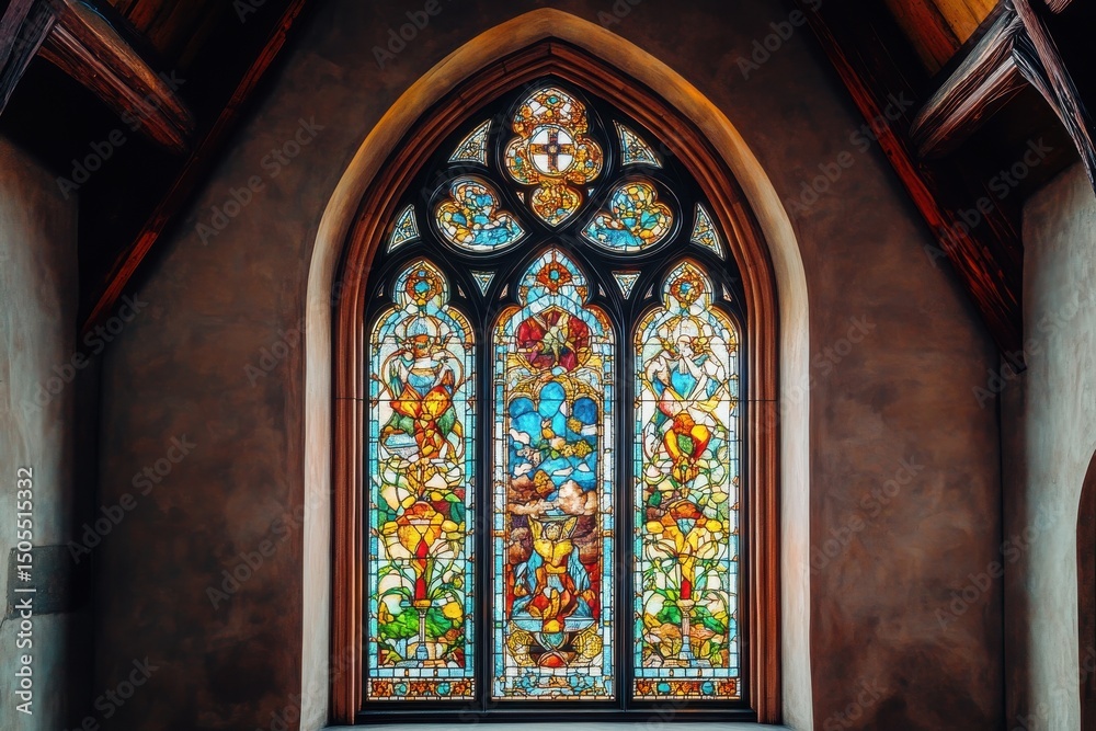 Obraz premium Ornate stained glass window in a church with religious imagery