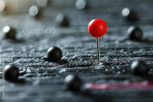 Red pin standing out among black spheres