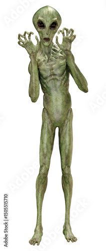 3D Rendering Green Alien on White