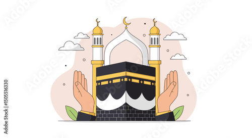 The image shows various artistic illustrations of the Kaaba in Mecca, captured in different visual styles, ranging from simplified minimalist representations to more detailed and complex renditions
