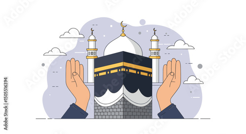 The image shows various artistic illustrations of the Kaaba in Mecca, captured in different visual styles, ranging from simplified minimalist representations to more detailed and complex renditions