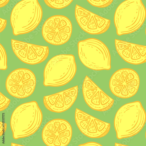 Citrus-themed seamless vector with yellow lemons, lemon slices, and halves on a pastel green background. Bright and cheerful fruit pattern for kitchen decor.