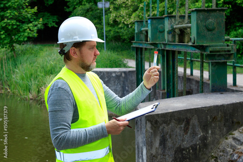 Ecologist man takes a sample of natural water near a hydro dam. Checking the quality of water. Biologist analyzes the chemical composition of water.