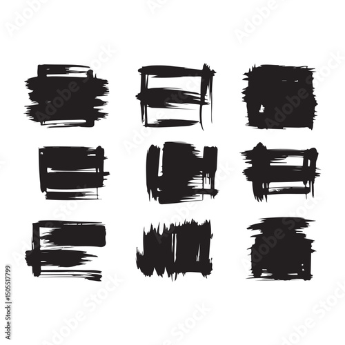 This image features a collection of nine unique, rectangular brush strokes in a bold, black ink or paint style.