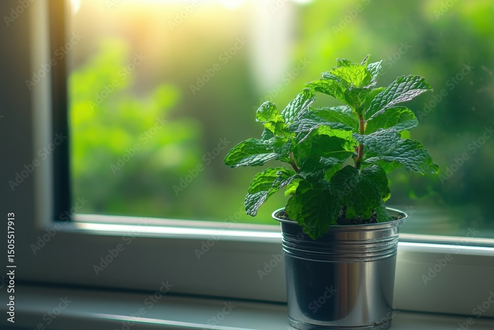Fototapeta premium Fresh mint plant on kitchen windowsill nature-inspired home decor indoor gardening cozy atmosphere natural light close-up beauty
