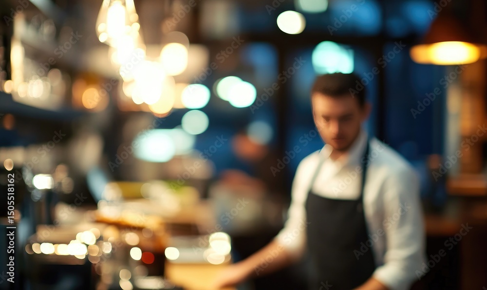 Fototapeta premium The man is wearing a black apron and he is preparing food