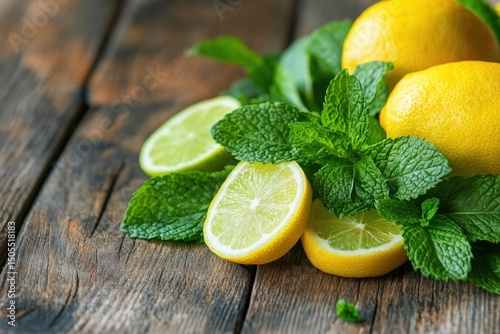 Fresh mint leaves and juicy lemons on rustic wooden table culinary delight natural ingredients kitchen setting top-down perspective