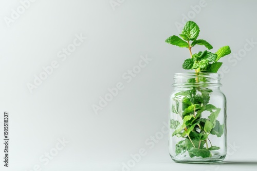 Refreshing mint leaves in a glass jar light gray background still life photography minimalist environment close-up viewpoint herbal concept
