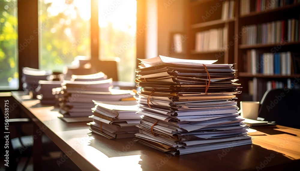 Office paperwork with sunlit desk. Office paperwork with sunlit desk.