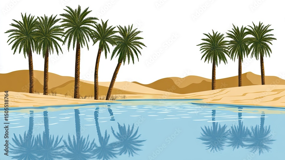 Fototapeta premium Desert oasis with palm trees and a calm river.