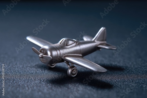 A silver miniature propeller plane rests on a dark surface, casting a subtle shadow; detailed craftsmanship is evident