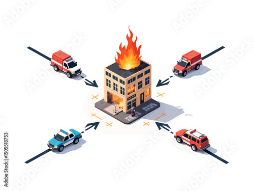sometric an emergency scene a building on fire, with separate paths leading to a police unit, a fire truck