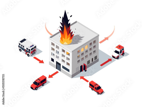 sometric an emergency scene a building on fire, with separate paths leading to a police unit, a fire truck
